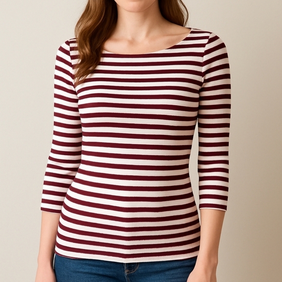 GAP Tops - GAP Maroon and White Striped 3/4 Length Sleeve Top